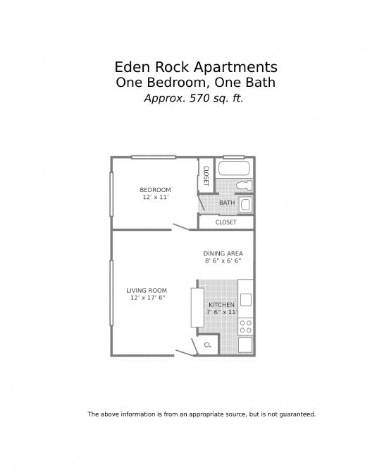 Floor plan for 1 bed, 1 bath, 570 sqft
